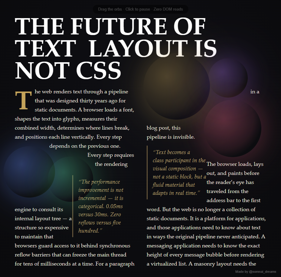 Pretext Editorial Engine — layout magazine avec orbes animées